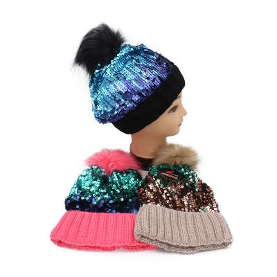 China JOINT Sequin Beanie Hat Slouch Skullies Beanie Sequin Caps Soft Warm hip-hop beanies hat with pom pom for sale