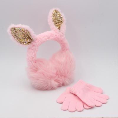 China Custom Winter Kids Fur Ear Muffs Glitter Sequin Rabbit Ear Animal Earmuffs Gloves Set EM19100044 for sale