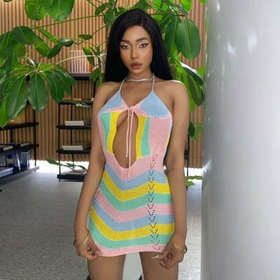 China Breathable Wholesale Drop Shipping Custom Y2K Drop Shipping Women Color-blocking Sexy Halter Backless Knitted Dress for sale