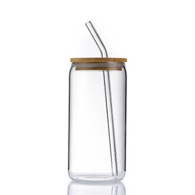 China Sustainable 20oz Canned High Borosilicate Glass Mug With Bamboo Lid And Straw , Reusable Coffee Mug for sale