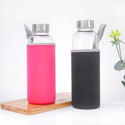 China High Sustainable Borosilicate Glass Silicone Portable Cloth Covered Cover And Lift Rope Water Bottle for sale