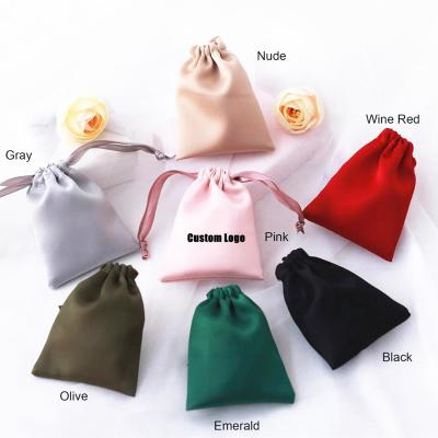 China Luxury Custom Logo Luxury Satin Drawstring Packaging Bag Wedding Favor Gift Jewelry Pouch SheepSew Size 13x10cm Or Other for sale