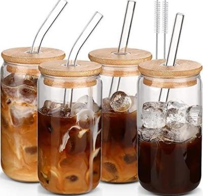 China High Borosilicate Glass Mason Jar with Bamboo Lid and Straw 16oz Clear Glass Cups for sale