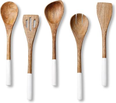 China 5-Piece Acacia Wood Kitchen Cooking Set Spoon Spatula Fork Slotted Turner Corner Spoon for sale