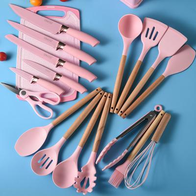 China 19 Pcs Wooden Handle Silicone Kitchenware Set for Cooking Tools and Stocked Restaurant for sale