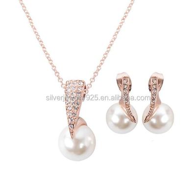 China Silver Elegant Pearl Pendant Necklace Set Rose Gold Plated Rhinestones Bridal Jewelry Set For Women for sale