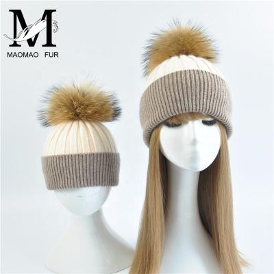 China COMMON Beanie Fur Hat Parent-child Pom Pom Wool Knitted Warm Winter Hats Mom and Baby Real Fur Hat for sale