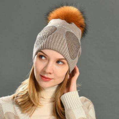 China COMMON Women Warm Real Fur Pom Pom Beanies Hats Rhinestone Wool Winter Knitted Double Layer Beanie for sale