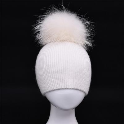 China Real COMMON Raccoon Fur Pom Pom Hat Winter Baby Boys Girls Cashmere Knitted Beanies For Kids for sale