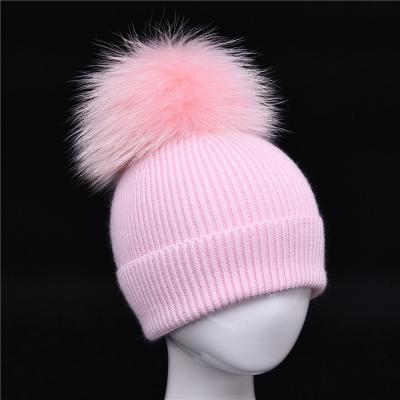 China COMMON Winter Baby Fur Pompom Hat Cashmere Knitted Children Pom Pom Beanie Fur Beanie Warm Big Real Raccoon for sale