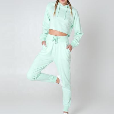 China Latest Design Loose QUICK DRY Custom Hoody Crop Top Sweatsuit Light Green Set Women for sale