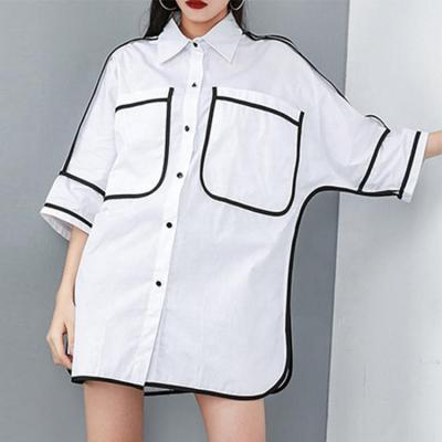 China Breathable Summer Cotton Canvas Blended French Blouses Vintage Solid Color Pockets Women's Blouses And Shirts for sale