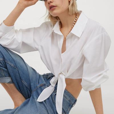 China Summer Breathable Wholesale Button Dropped Shoulders Cropped Cotton Top Womens Tie-Edge Blouses And Shirts for sale