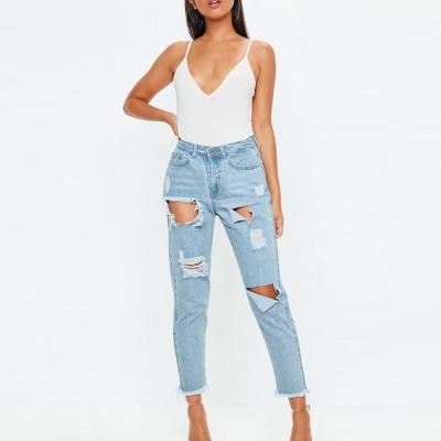 China Breathable Wholesale Blue Stonewash Custom Ripped High Waist Jeans Pants for sale