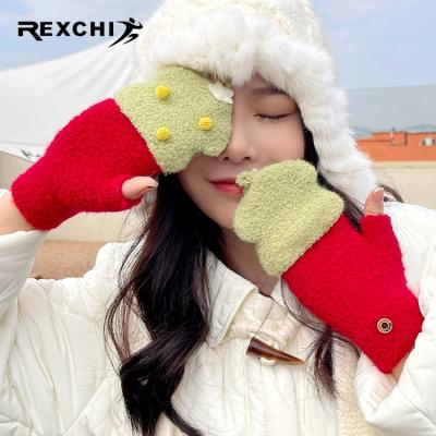 China Custom Cheap Half Finger REXCHI DRST28 Adults Logo Haif Fingerless Wool Mitts Flap Cover Thermal Knit Flip Wool Winter Glove for sale