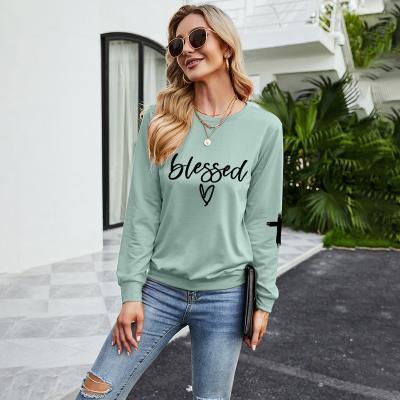 China New Fashion Breathable Free Shipping Casual Long Sleeve Women Fall Blessed Letter Print Shirt Top for sale