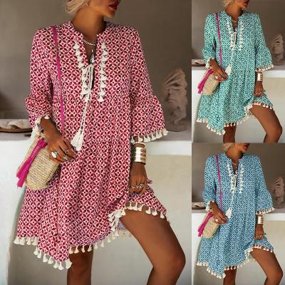 China Fashion Breathable V-Neckline Printed Half Sleeve Tassel Women Dress Sexy Elegant Ladies Casual Dresses for sale