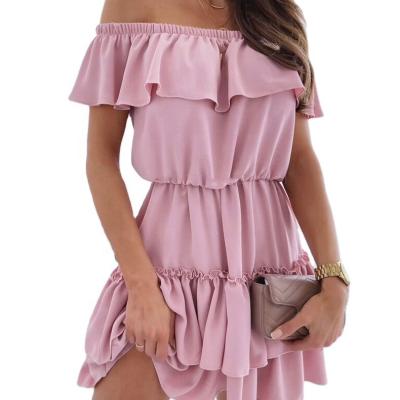 China Wholesale Breathable Off Shoulder Solid Ruffled Ruffle Sleeveless Causal Dress One Shoulder Woman Wedding Dress for sale