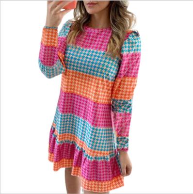 China Breathable Wholesale Color Block Striped Long Sleeve Ruffled Woman Mini Loose Dress for sale