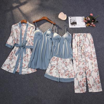 China Wholesale QUICK DRY with chest pads Five-piece Korean silk thin pajamas cardigan print silk pajamas for sale