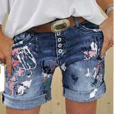 China Wholesale Floral Print High Waist Breathable Jean Shorts Button Fly Rolled Hem Short Denim Pants for sale