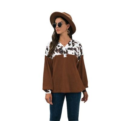 China QUICK DRY High Quality Waffle Women's Blouse Women's V-Neck Cow Splicing Tops Casual Clothes for sale