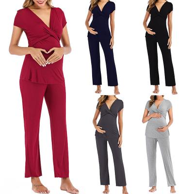 China Women's Breathable Home Wear Modal Pajamas 2 Pieces Set Neck Long Straight Maternity T-shirts Suit V Clothes Lactation Pants for sale