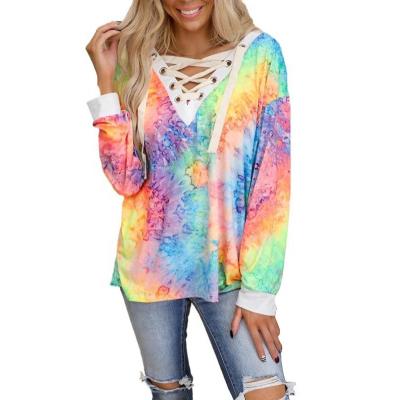 China Breathable Colorful Tie Dye Lace Up Woman Loose Shirts Long Sleeve Causal Strap Tie Dye Tops for sale