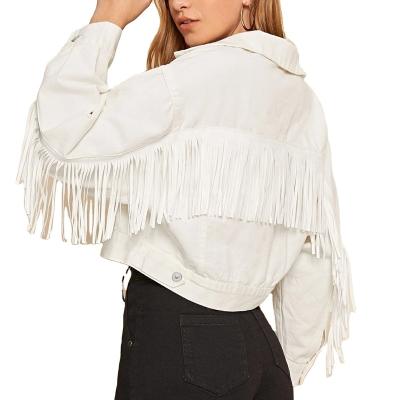 China New Arrival Reversible Cropped Tassel Denim Women's Short Jean Ripped Fringe Jacket White for sale