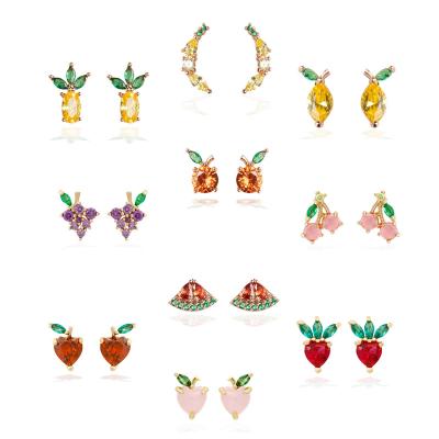 China Cute Hot Selling 925 Gold Plated Cute Zircon Fruit 18K Gold Plated Needle Stud Earrings Silver Girl Stud Earrings for sale