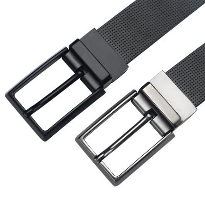 China New Comfortable Pinhole Pattern Two-Layer Leather Pin Buckle Belt Men's Fashion Reversible Casual Belt Turn Buckle for sale