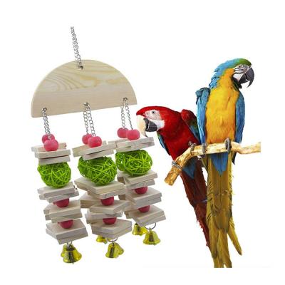 China 1PC Viable Natural Wooden Parrots Swing Toy Birds Colorful Beads Bird Supplies Bells Toys Perch Hanging Swings Cage For Pets for sale