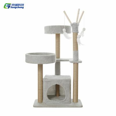 China Amazon Sustainable Hot Selling MDF Plush Pet Cat Bed Scratching Tree Tower Multilevel Wooden Housing Cat Tree House for sale