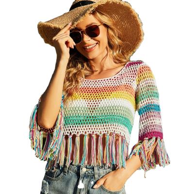 China Summer New Women's New Women's Space Color Bikini Hollow Top Crochet Paneled Beach QUICK DRY Knitted Shirt for sale