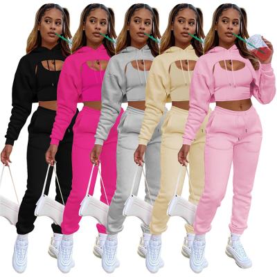 China Autumn Clothing Breathable Women Sweat Suit Hoodie Vest And Pants Set Irregular Custom 3 Pieces Lounge Wear for sale