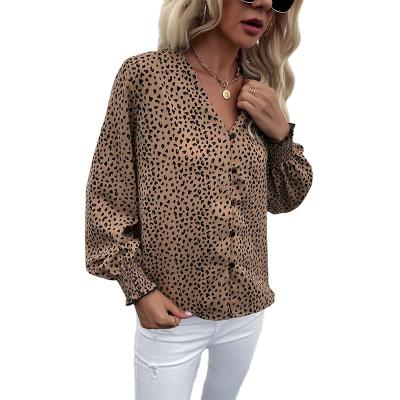 China Breathable Leopard Design Color V-neck 100% Polyester Women Ladies Ladies Blouses Shirts Khaki for sale