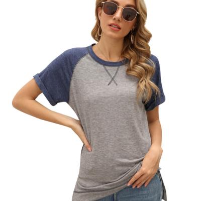 China Anti-Wrinkle Short Sleeve Crewneck Custom Stitches Color Block T-shirts Casual Loose Fit Tops For Women for sale