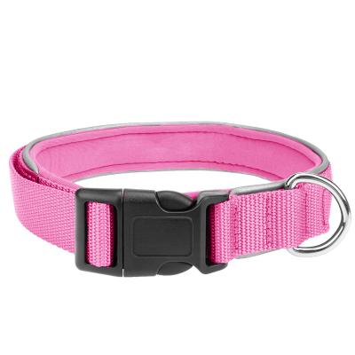 China Unique Fashion Padded LOGO Reflective Waterproof Nylon Pink Woven Custom Made Tex Tag Adjustable Dog Collar Bulk for sale