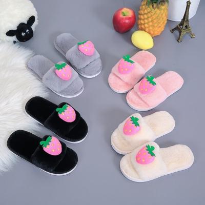 China Thermal Cute Fruit Decoration Autumn Fur Girls Soft Bedroom Shoes Fluffy Children Slippers Winter Children Bedroom Slippers for sale