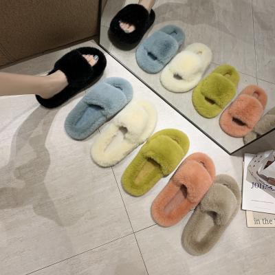 China Cheap Luxury Wholesale Women Slippers Flat Furry Bunny Furry Faux Fur Slides Fashion Trend Flat Furry Plush Lace Fur Indoor Slides for sale