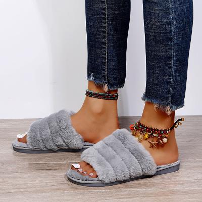 China Fashion trend furry slippers flat soft warm fluffy indoor women's furry slippers simple open slippers wholesale for sale