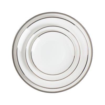 China Viable Custom Design Cheap White Porcelain Dish With Silver Rim Restaurant Dinnerware Ceramic Dinner Plate for sale