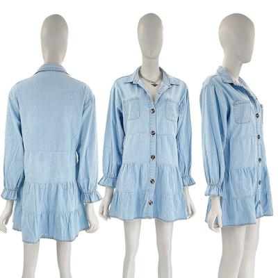 China OEM Breathable Women's Factory Direct Casual Button Up Denim Dress Long Sleeve Light Blue Dress for sale