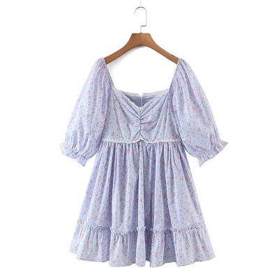 China Anti-static custom made square collar mini skirt floral dress cute purple skirt for sale