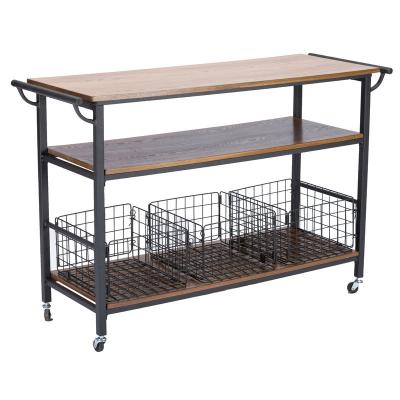 China Hot Sale Solid Wood Kitchen Organizer Rack 3Tier Shelves Rack Cart On Wheels With Side Hooks for sale