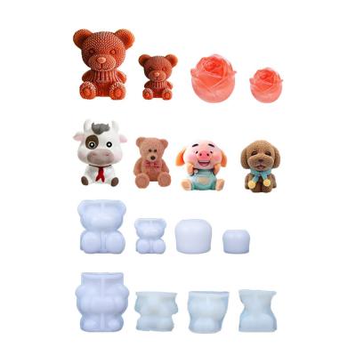 China Customized stocked sculpture 2021 3d unique candle mold cute animal rose teddy bear silicon candle molds kit for sale