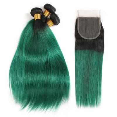 China Dark Root Remy Turquoise Green Brazilian Straight Hair Bundles 1B Teal Ombre Bundles With Body Frontals With Closures for sale