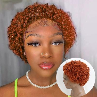 China Bulk Sale Real Natural Russian Pixie Wigs Water Wave Deep Wave Lace Frontal Bob HD Curly Hair Wig For Black Women for sale