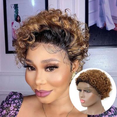 China Yaki Remy Brazilian Hair Women Short Deep Curly Wholesale Pixie Wigs Human Hair Lace Curly Front Wig Brown for sale