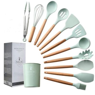 China Sustainable 11pcs Silicone Cooking Utensils Set Bamboo Wooden Handles Cooking Tool Non-Toxic Silicone Turner Tongs Spatula for sale